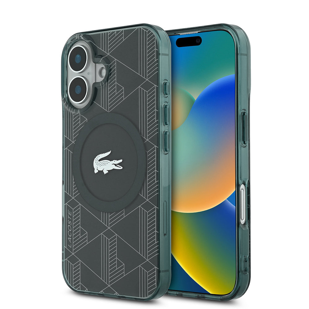 Apple iPhone 16 Kılıf Lacoste Orjinal Lisanslı M-safe Şarj Özellikli IML Baskılı Gümüş Timsah Logolu Monogram Kapak - Görsel 3