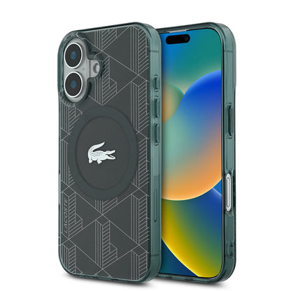 Apple iPhone 16 Kılıf Lacoste Orjinal Lisanslı M-safe Şarj Özellikli IML Baskılı Gümüş Timsah Logolu Monogram Kapak - Görsel 3
