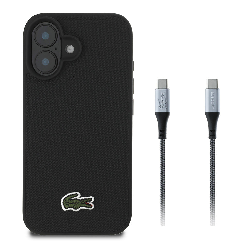 Apple iPhone 16 Kılıf Lacoste Orjinal Lisanslı PU Pike Desenli Arka Yüzey İkonik Timsah Dokuma Logolu Kapak + Type-C Kablo 1.5m - Görsel 2