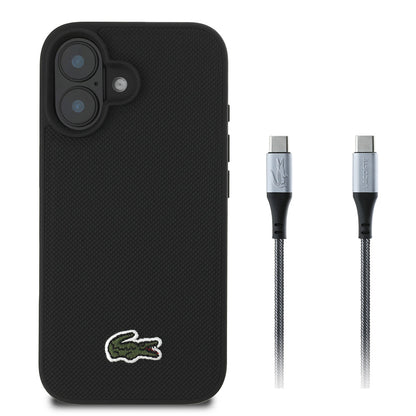 Apple iPhone 16 Kılıf Lacoste Orjinal Lisanslı PU Pike Desenli Arka Yüzey İkonik Timsah Dokuma Logolu Kapak + Type-C Kablo 1.5m - Görsel 2