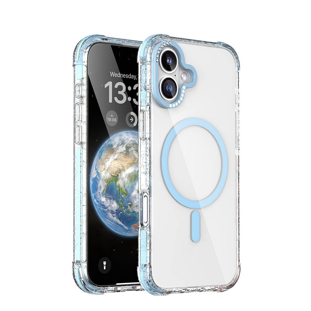 Apple iPhone 16 Kılıf M-safe Şarj Özellikli Taşlı ve Simli Tasarım Mutural Blink Kapak - Görsel 5