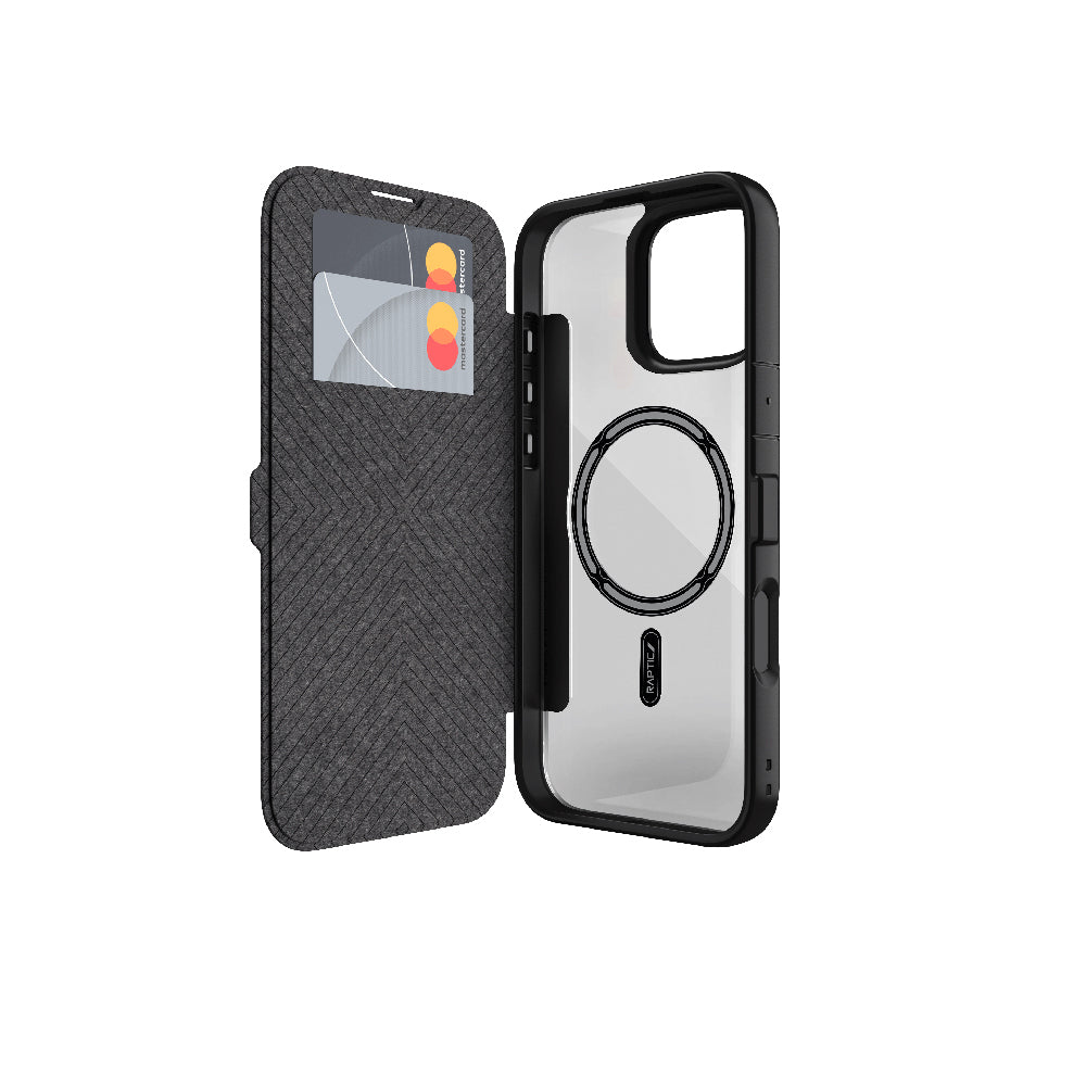 Apple iPhone 16 Kılıf M-safe Şarj Özellikli Vegan Deri Tasarımlı Şeffaf Arka Yüzey Kartlıklı Raptic Urban Folio Serisi Kapak - Görsel 2