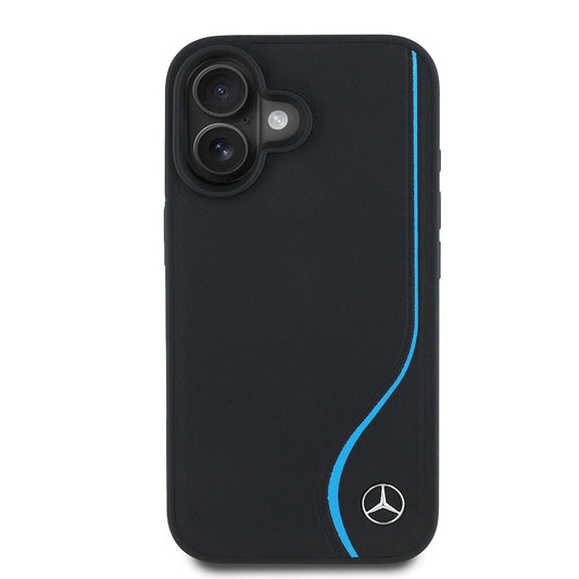 Apple iPhone 16 Kılıf Mercedes Benz Orjinal Lisanslı M-safe Şarj Özellikli 3D Metal Logolu Mavi Dikey Eğri Çizgili Deri Kapak