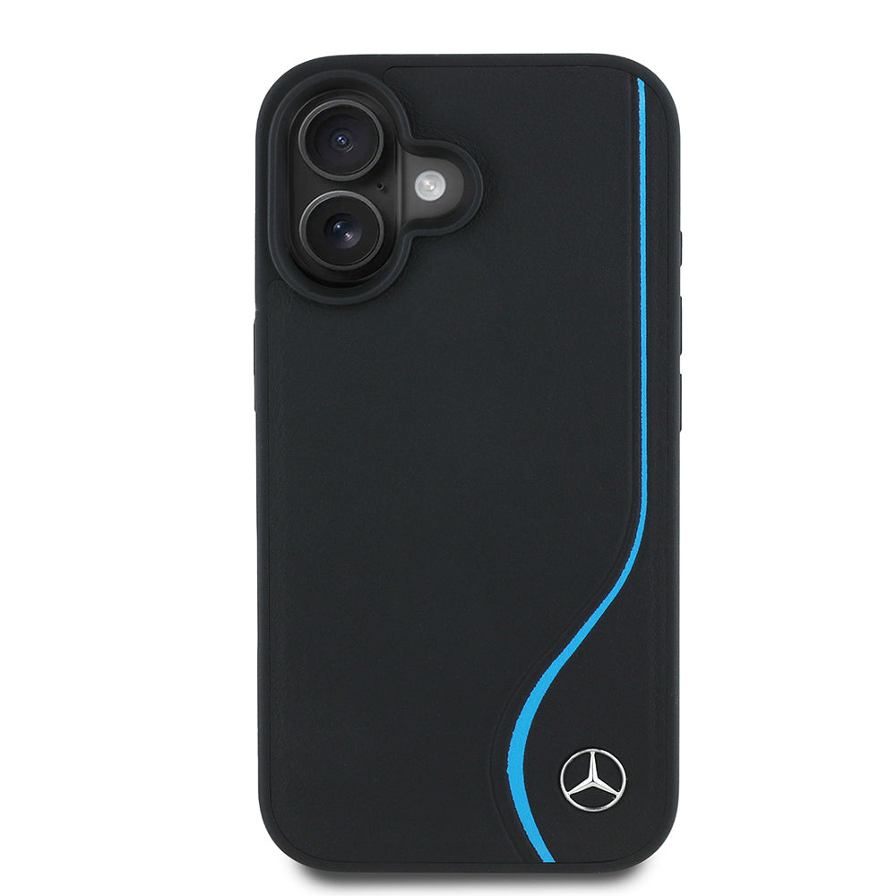 Apple iPhone 16 Kılıf Mercedes Benz Orjinal Lisanslı M-safe Şarj Özellikli 3D Metal Logolu Mavi Dikey Eğri Çizgili Deri Kapak - Görsel 2