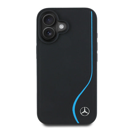 Apple iPhone 16 Kılıf Mercedes Benz Orjinal Lisanslı M-safe Şarj Özellikli 3D Metal Logolu Mavi Dikey Eğri Çizgili Deri Kapak - Görsel 2