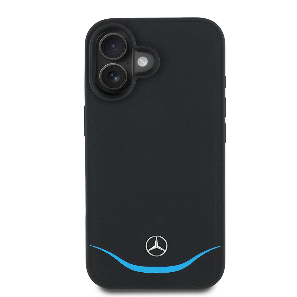 Apple iPhone 16 Kılıf Mercedes Benz Orjinal Lisanslı M-safe Şarj Özellikli 3D Metal Logolu Mavi Yatay Eğri Çizgili Deri Kapak - Görsel 2