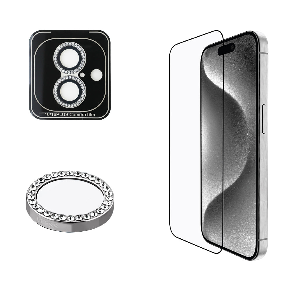 Apple iPhone 16 Plus Guess Orjinal Lisanslı Rhinestone Ekran Koruyucu + Lens Koruyucu 2in1 Aksesuar Seti - Görsel 3