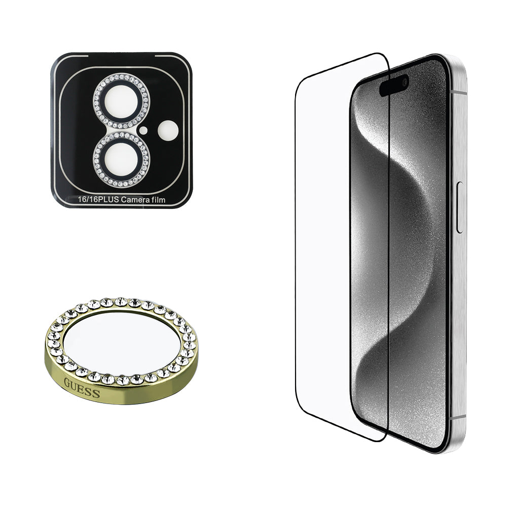 Apple iPhone 16 Plus Guess Orjinal Lisanslı Rhinestone Ekran Koruyucu + Lens Koruyucu 2in1 Aksesuar Seti - Görsel 2