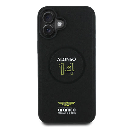 Apple iPhone 16 Plus Kılıf Aston Martin Orjinal Lisanslı M-safe Şarj Özellikli PU Deri Alonso 14 Baskılı Kapak