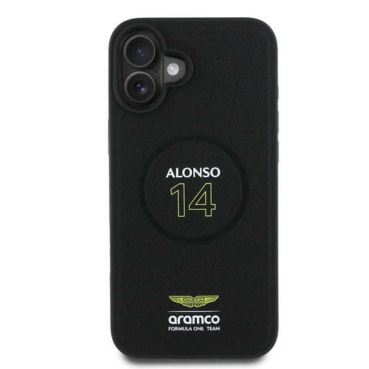 Apple iPhone 16 Plus Kılıf Aston Martin Orjinal Lisanslı M-safe Şarj Özellikli PU Deri Alonso 14 Baskılı Kapak