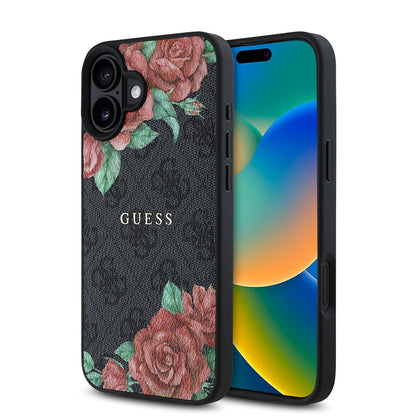 Apple iPhone 16 Plus Kılıf Guess Orjinal Lisanslı M-safe Şarj Özellikli Gül Baskılı 4G Desenli Yazı Logolu Kapak - Görsel 3
