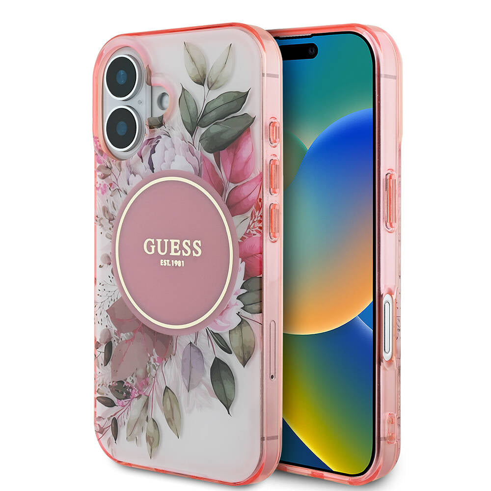 Apple iPhone 16 Plus Kılıf Guess Orjinal Lisanslı M-safe Şarj Özellikli IML Baskılı Yazı Logolu Flower Tonal Circle Kapak - Görsel 3