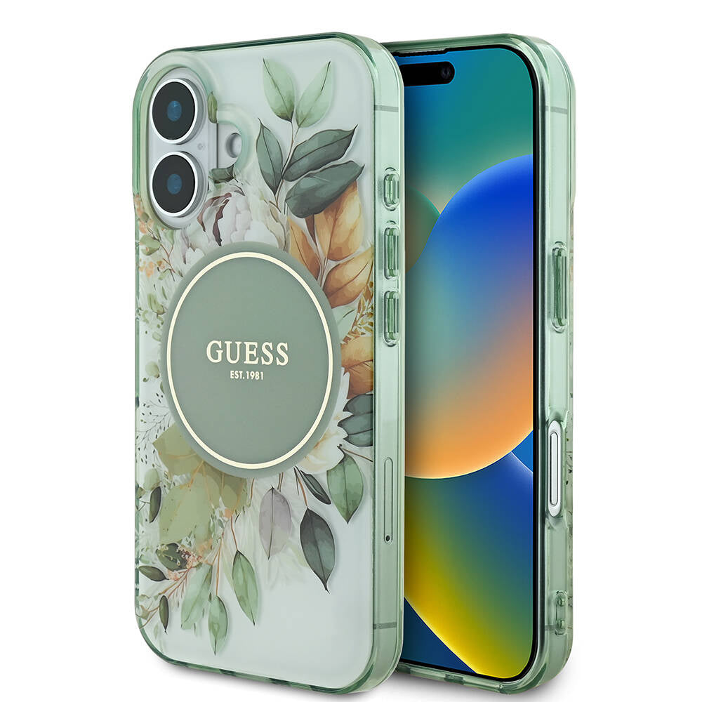 Apple iPhone 16 Plus Kılıf Guess Orjinal Lisanslı M-safe Şarj Özellikli IML Baskılı Yazı Logolu Flower Tonal Circle Kapak - Görsel 2