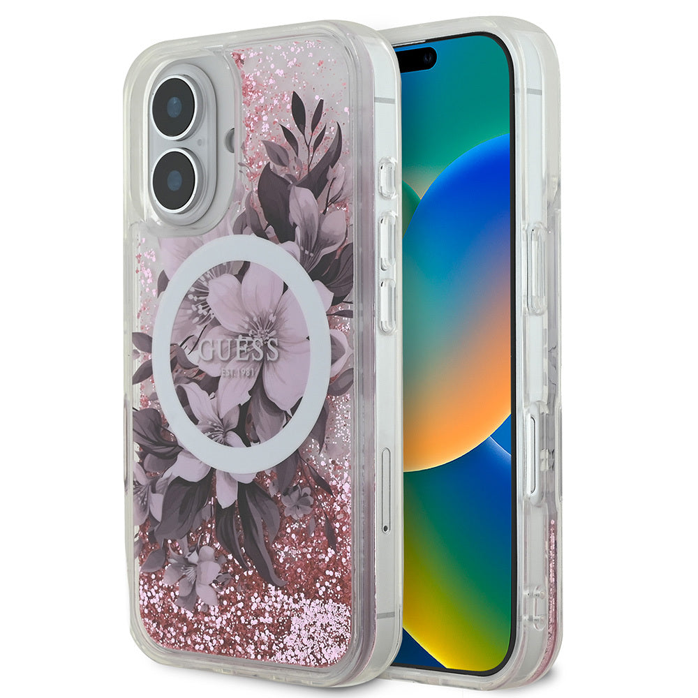 Apple iPhone 16 Plus Kılıf Guess Orjinal Lisanslı M-safe Şarj Özellikli Sıvılı Simli Çiçek Desenli Kapak - Görsel 2