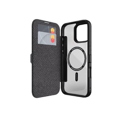 Apple iPhone 16 Plus Kılıf M-safe Şarj Özellikli Vegan Deri Tasarımlı Şeffaf Arka Yüzey Kartlıklı Raptic Urban Folio Serisi Kapak