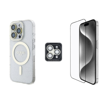 Apple iPhone 16 Pro Guess Orjinal Lisanslı 3'lü Aksesuar Seti IML Baskılı Simli Glitter Kılıf + Ekran Koruyucu + Lens Koruyucu