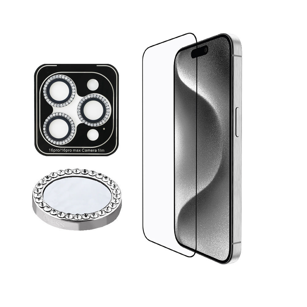 Apple iPhone 16 Pro Guess Orjinal Lisanslı Rhinestone Ekran Koruyucu + Lens Koruyucu 2in1 Aksesuar Seti - Görsel 3