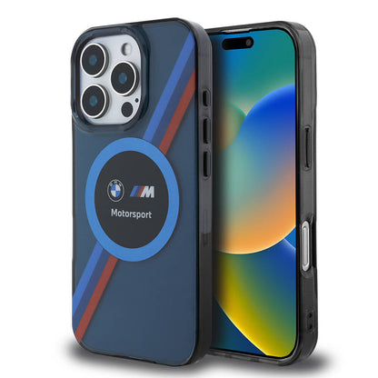 Apple iPhone 16 Pro Kılıf BMW Orjinal Lisanslı M-safe Şarj Özellikli M Logolu Üç Renk Çizgili Motorsport Circle Kapak - Görsel 3