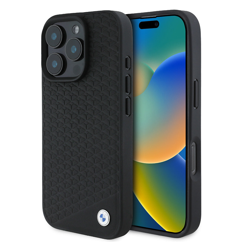 Apple iPhone 16 Pro Kılıf BMW Orjinal Lisanslı M-safe Şarj Özellikli Metal Logolu Dokulu Diamond Deri Kapak