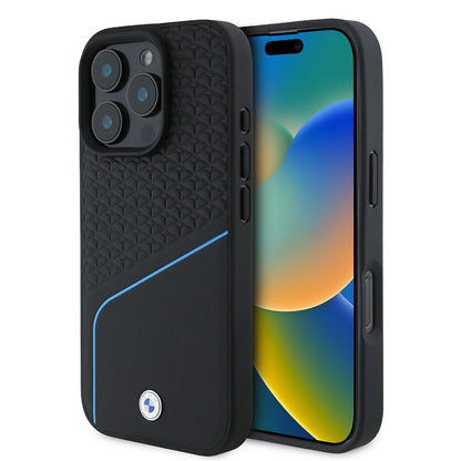 Apple iPhone 16 Pro Kılıf BMW Orjinal Lisanslı M-safe Şarj Özellikli Metal Logolu Dokulu ve Çizgili Deri Kapak - Görsel 2