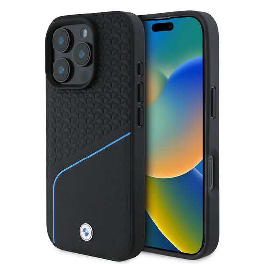 Apple iPhone 16 Pro Kılıf BMW Orjinal Lisanslı M-safe Şarj Özellikli Metal Logolu Dokulu ve Çizgili Deri Kapak
