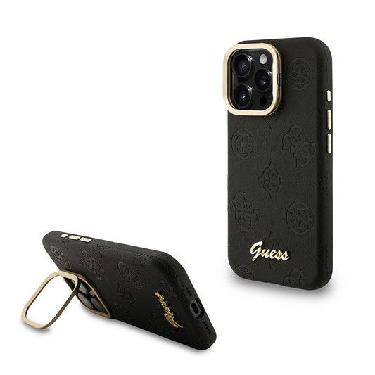 Apple iPhone 16 Pro Kılıf Guess Orjinal Lisanslı M-safe Şarj Özellikli Sıcak Baskılı Yazı Logolu Kamera Standlı PU Deri Peony Kapak