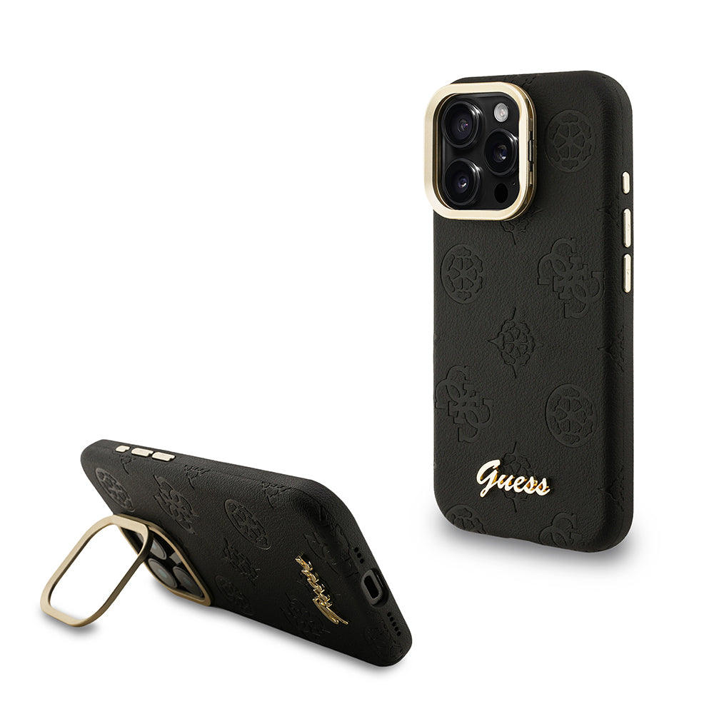 Apple iPhone 16 Pro Kılıf Guess Orjinal Lisanslı M-safe Şarj Özellikli Sıcak Baskılı Yazı Logolu Kamera Standlı PU Deri Peony Kapak - Görsel 2