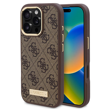 Apple iPhone 16 Pro Kılıf Guess Orjinal Lisanslı M-safe Şarj Özellikli 4G Desenli PU Metal Plaka Klasik Logolu Kapak