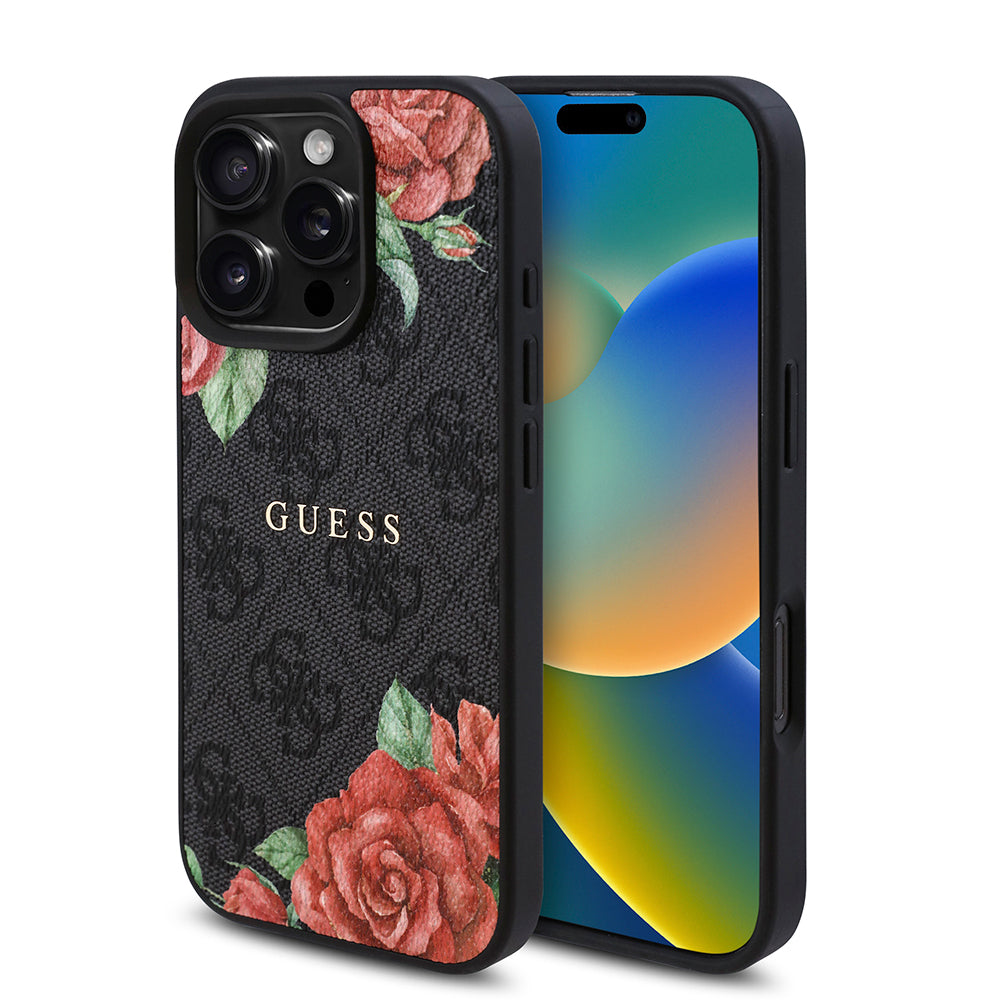Apple iPhone 16 Pro Kılıf Guess Orjinal Lisanslı M-safe Şarj Özellikli Gül Baskılı 4G Desenli Yazı Logolu Kapak - Görsel 3