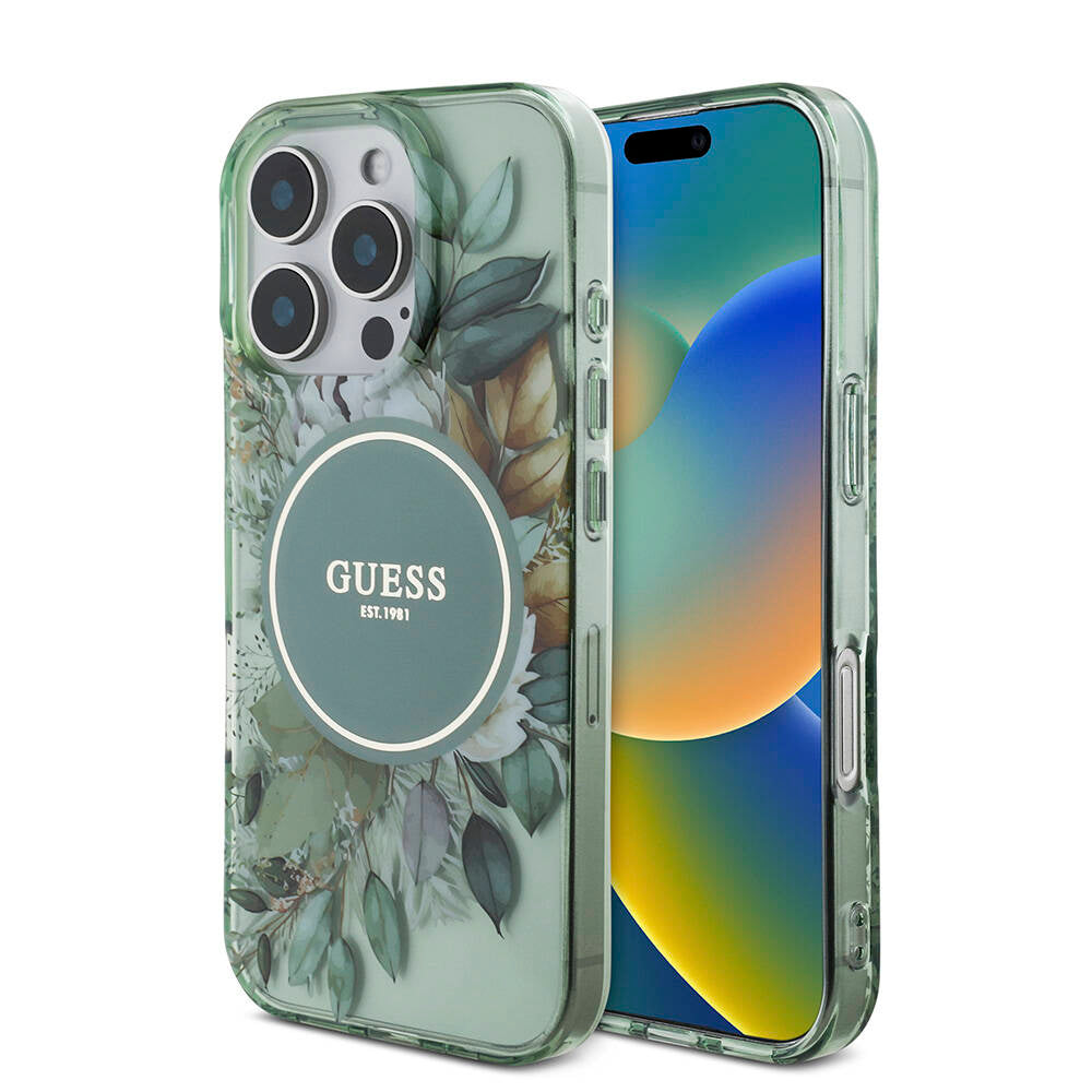 Apple iPhone 16 Pro Kılıf Guess Orjinal Lisanslı M-safe Şarj Özellikli IML Baskılı Çiçek İnci Bileklikli Kapak - Görsel 3