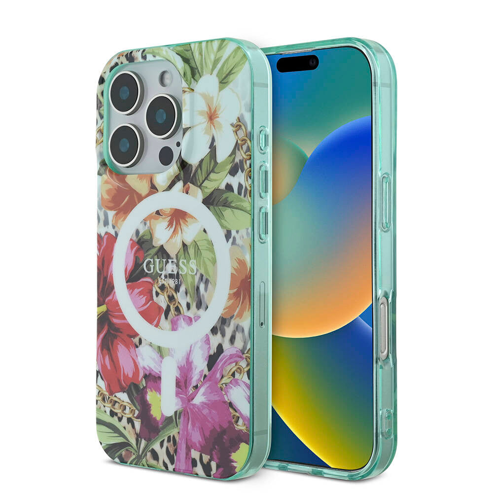 Apple iPhone 16 Pro Kılıf Guess Orjinal Lisanslı M-safe Şarj Özellikli IML Baskılı Jungle Ring Kapak - Görsel 2