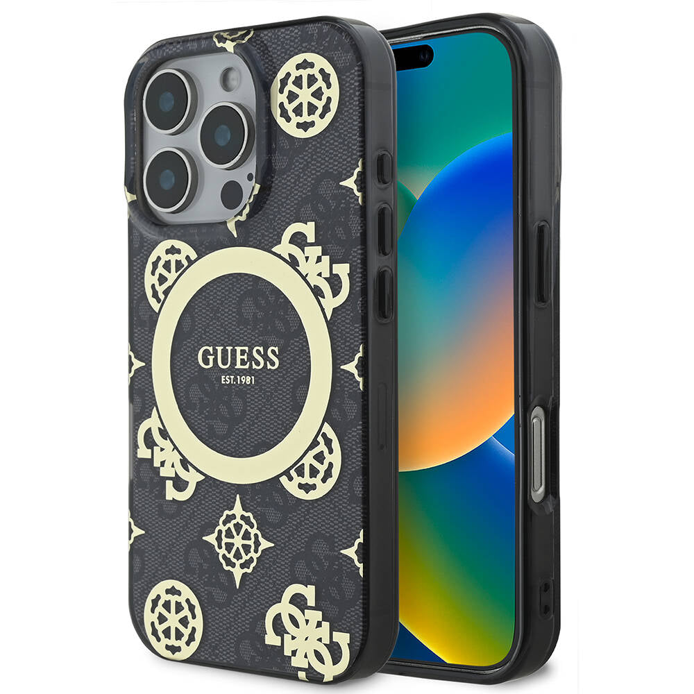 Apple iPhone 16 Pro Kılıf Guess Orjinal Lisanslı M-safe Şarj Özellikli IML Peony ve 4G Desenli Klasik Logolu Kapak - Görsel 2