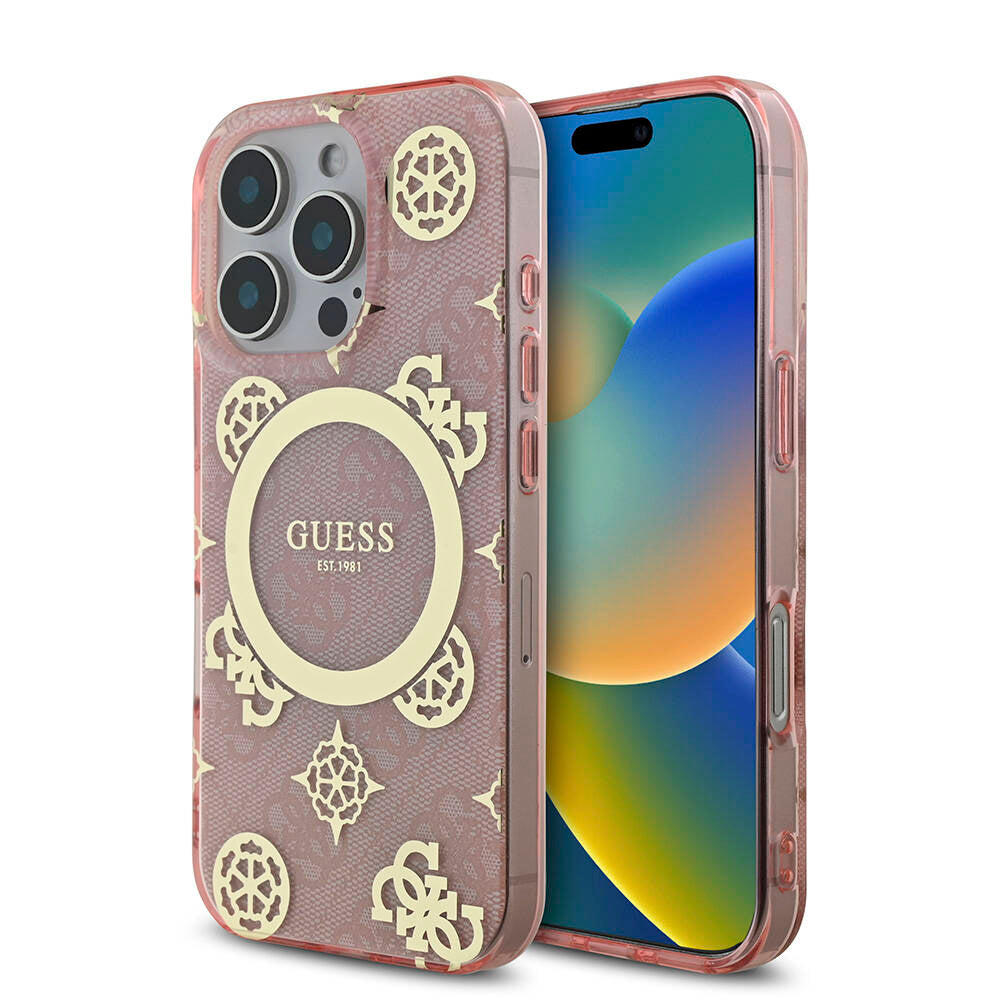 Apple iPhone 16 Pro Kılıf Guess Orjinal Lisanslı M-safe Şarj Özellikli IML Peony ve 4G Desenli Klasik Logolu Kapak - Görsel 3