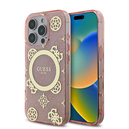 Apple iPhone 16 Pro Kılıf Guess Orjinal Lisanslı M-safe Şarj Özellikli IML Peony ve 4G Desenli Klasik Logolu Kapak - Görsel 3