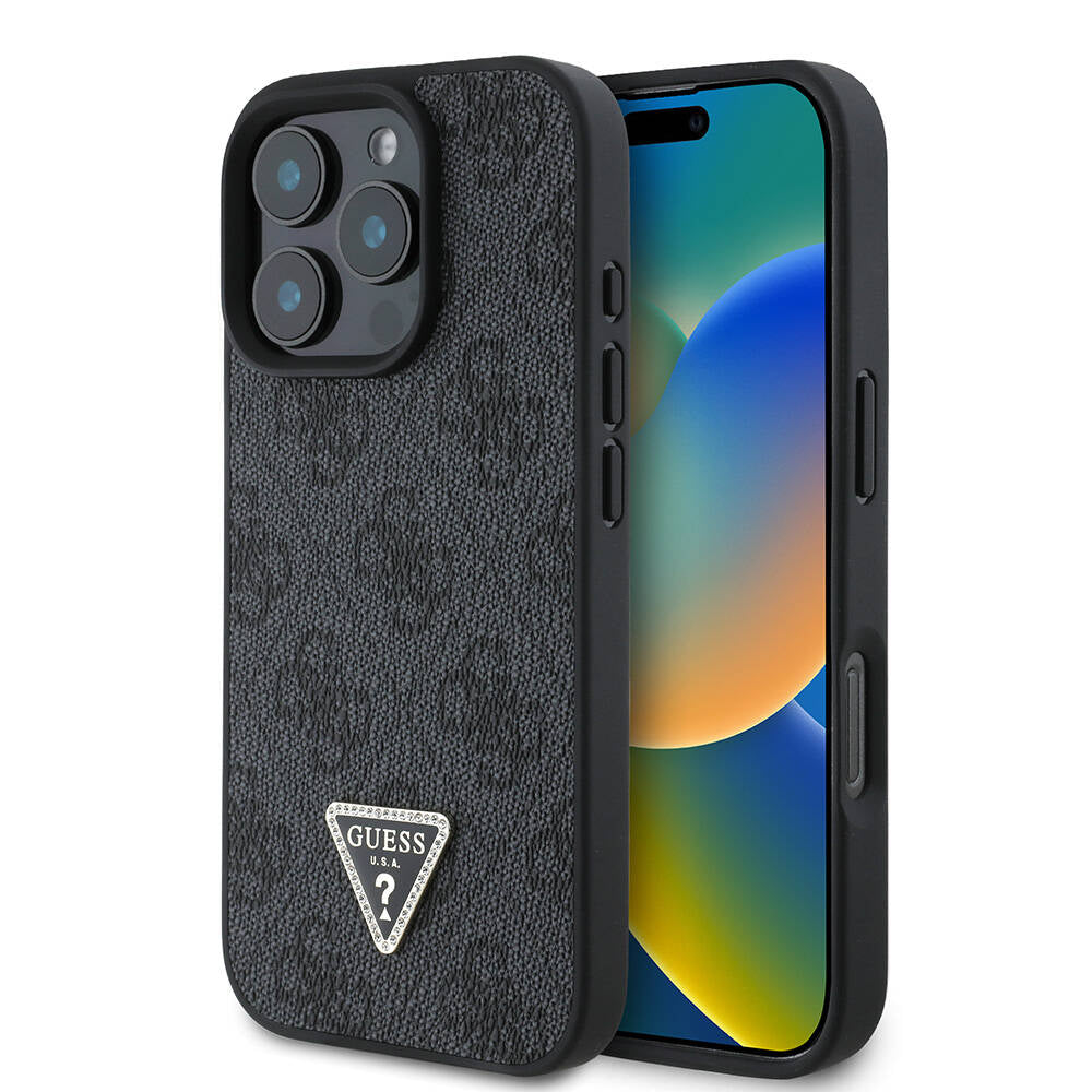 Apple iPhone 16 Pro Kılıf Guess Orjinal Lisanslı M-safe Şarj Özellikli PU Deri 4G Desenli Taşlı Üçgen Logolu Kapak - Görsel 2