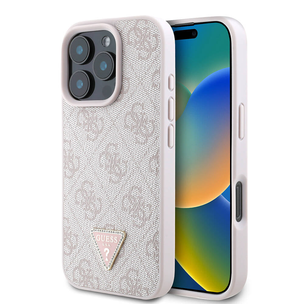 Apple iPhone 16 Pro Kılıf Guess Orjinal Lisanslı M-safe Şarj Özellikli PU Deri 4G Desenli Taşlı Üçgen Logolu Kapak - Görsel 3