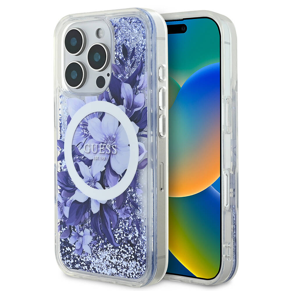 Apple iPhone 16 Pro Kılıf Guess Orjinal Lisanslı M-safe Şarj Özellikli Sıvılı Simli Çiçek Desenli Kapak - Görsel 5