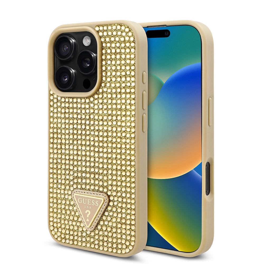 Apple iPhone 16 Pro Kılıf Guess Orjinal Lisanslı Taşlı Arka Yüzey Üçgen Logolu Kapak - Görsel 3