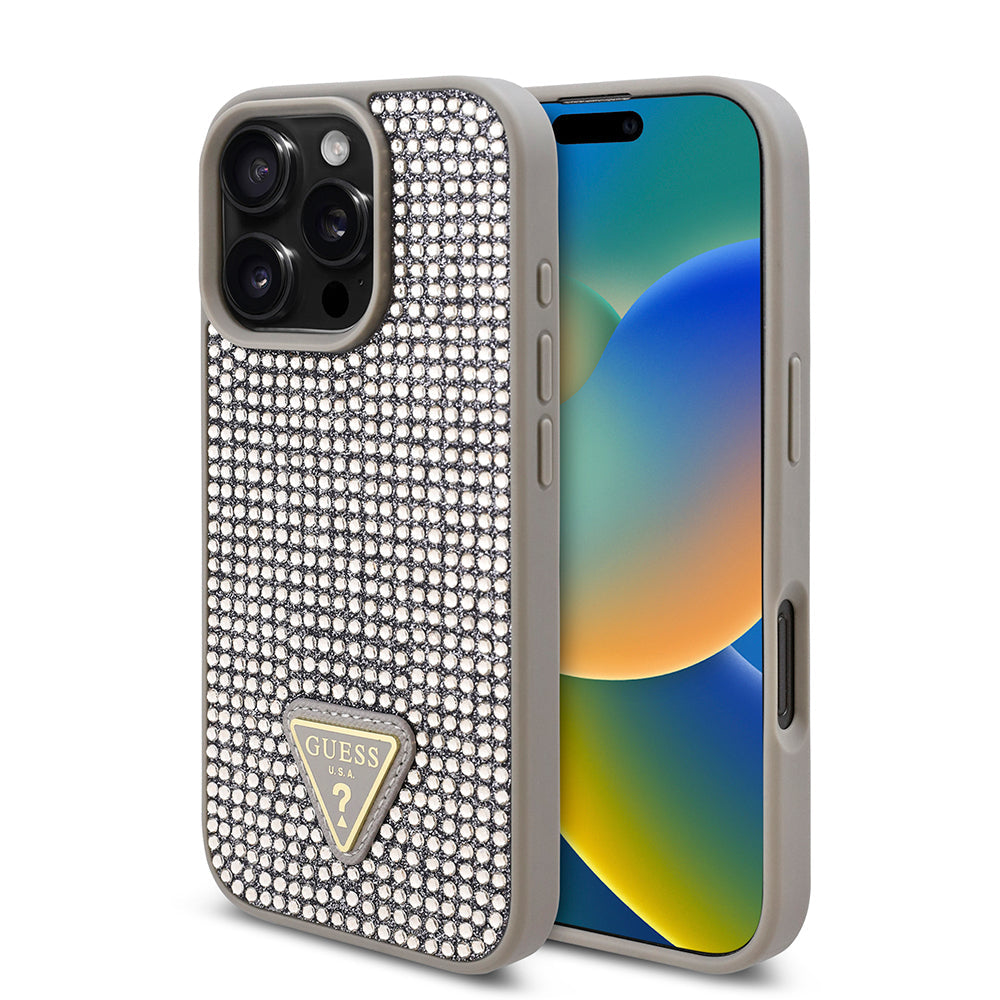 Apple iPhone 16 Pro Kılıf Guess Orjinal Lisanslı Taşlı Arka Yüzey Üçgen Logolu Kapak - Görsel 5
