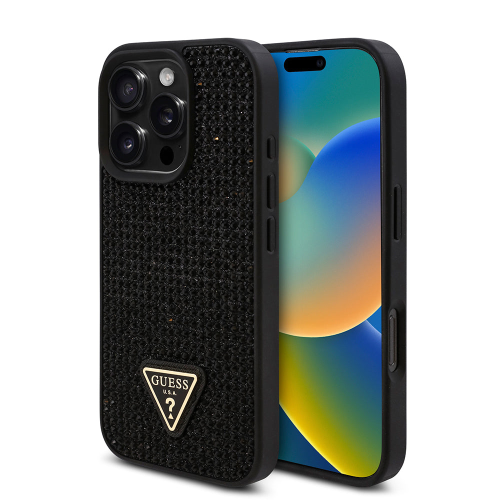 Apple iPhone 16 Pro Kılıf Guess Orjinal Lisanslı Taşlı Arka Yüzey Üçgen Logolu Kapak - Görsel 2