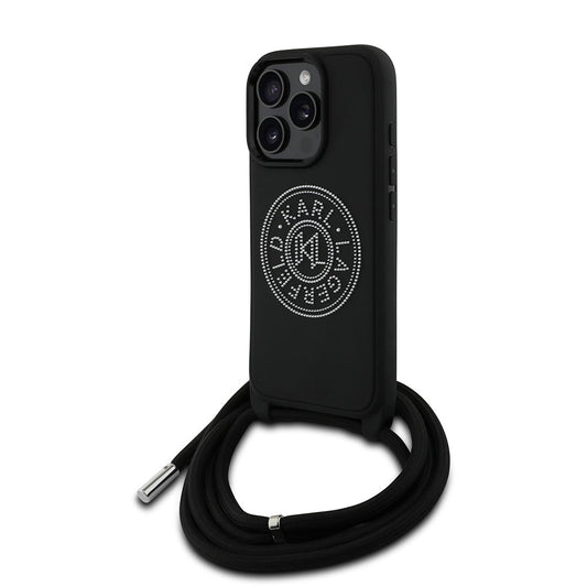 Apple iPhone 16 Pro Kılıf Karl Lagerfeld Orjinal Lisanslı Askı İpli Taşlı KL Yazılı Crossbody Cord Kapak