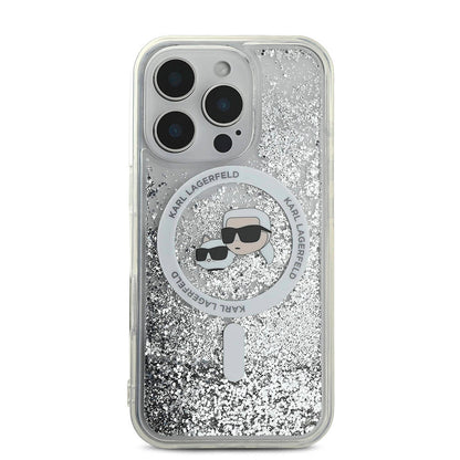 Apple iPhone 16 Pro Kılıf Karl Lagerfeld Orjinal Lisanslı M-safe Şarj Özellikli Sıvılı Simli KC Heads Kapak - Görsel 2