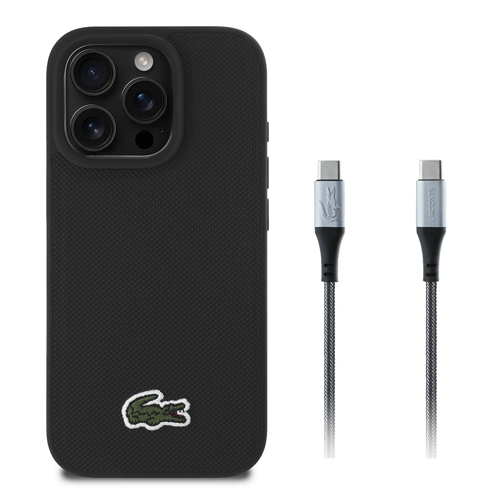Apple iPhone 16 Pro Kılıf Lacoste Orjinal Lisanslı PU Pike Desenli Arka Yüzey İkonik Timsah Dokuma Logolu Kapak + Type-C Kablo 1.5m - Görsel 2