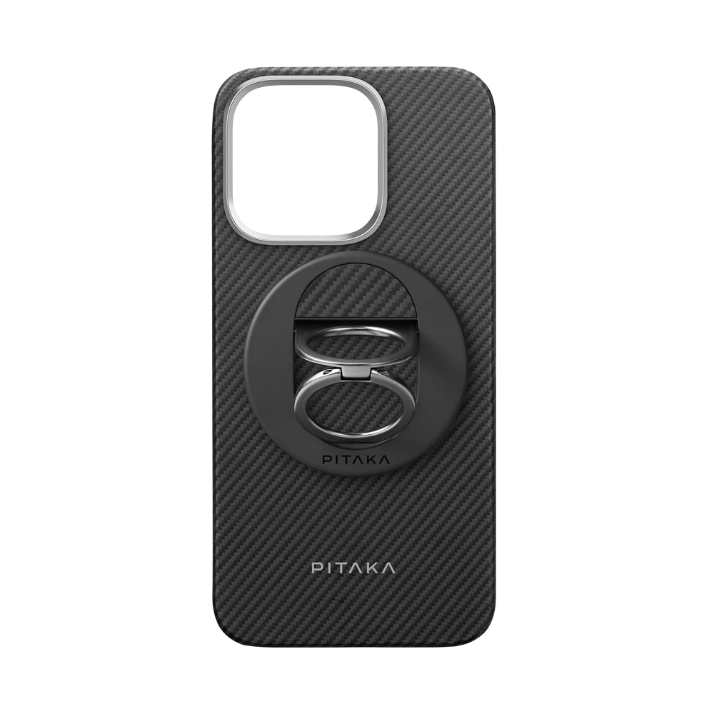 Apple iPhone 16 Pro Kılıf M-safe Şarj Özellikli Grip 3 Standlı 600D Aramid Fiber Pitaka Ultra-Slim Classic Serisi Black-Grey Twill Kapak - Görsel 2