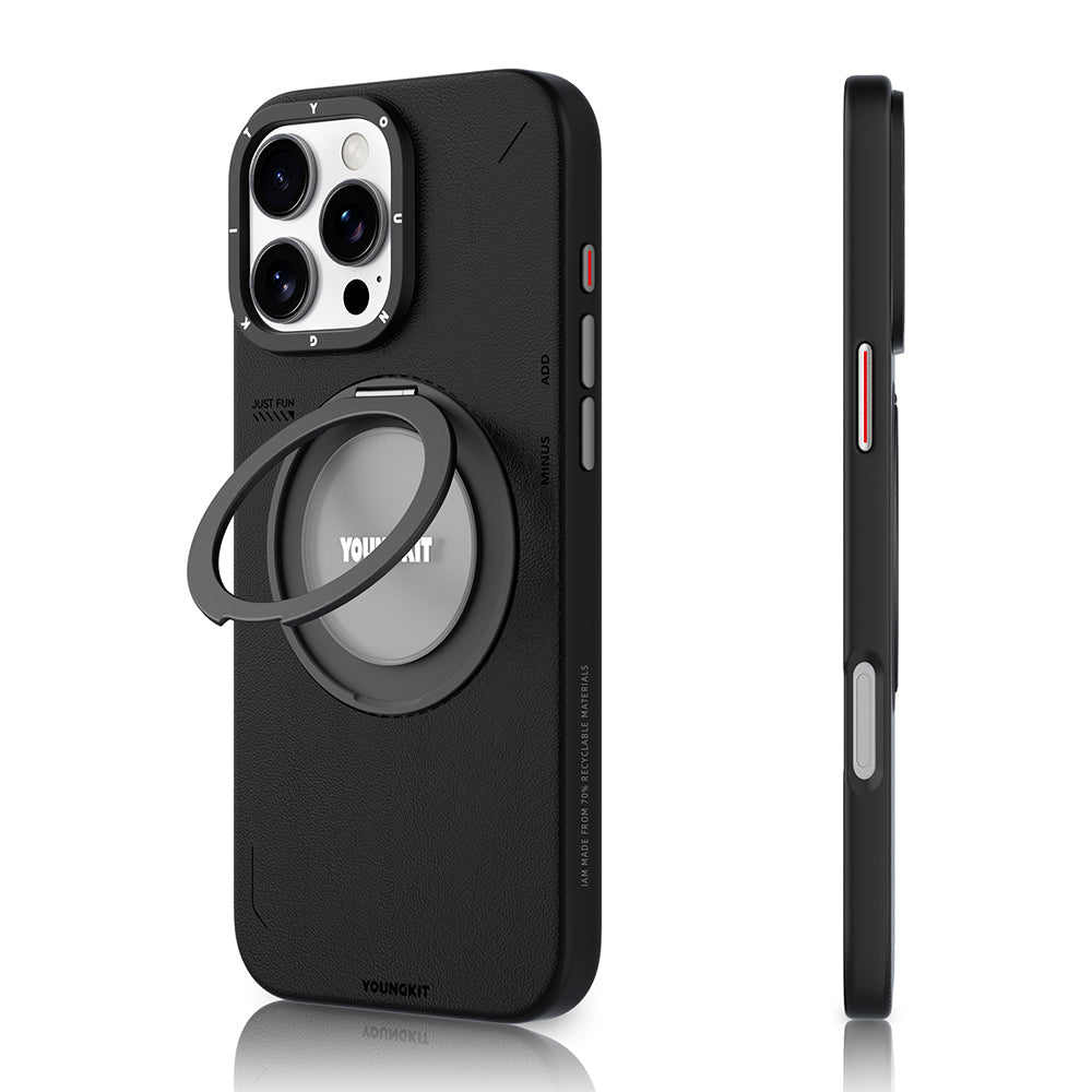 Apple iPhone 16 Pro Kılıf M-safe Şarj Özellikli 360° Standlı Basit Mat Deri Desenli Youngkit Tech Leather Serisi Kapak - Görsel 2