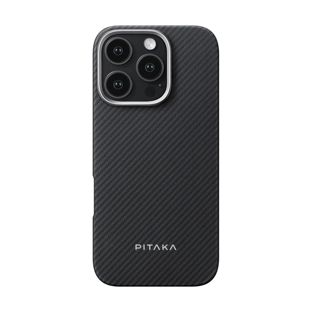 Apple iPhone 16 Pro Kılıf M-safe Şarj Özellikli 600D Aramid Fiber Pitaka Ultra-Slim Classic Serisi Black-Grey Twill Kapak - Görsel 2