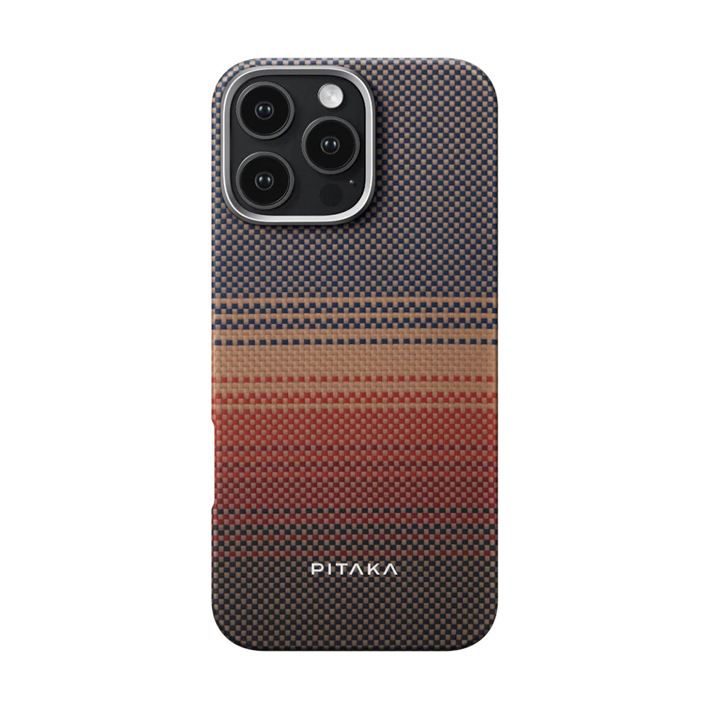Apple iPhone 16 Pro Kılıf M-safe Şarj Özellikli Aramid Fiber Pitaka Tactile Woven Sunset-Moonrise Serisi Sunset Kapak - Görsel 2