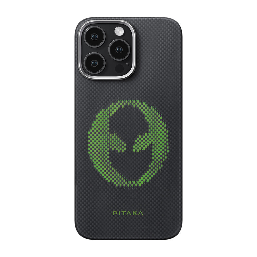 Apple iPhone 16 Pro Kılıf M-safe Şarj Özellikli Lumintex Teknolojili Fosforlu Aramid Fiber Pitaka Tactile Woven Aries Serisi Alien Kapak - Görsel 2