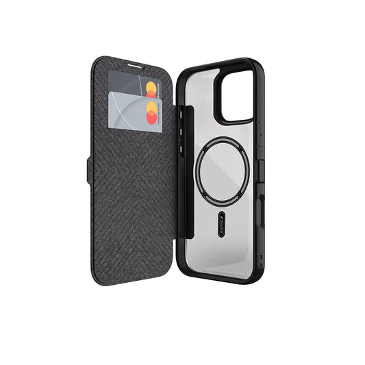 Apple iPhone 16 Pro Kılıf M-safe Şarj Özellikli Vegan Deri Tasarımlı Şeffaf Arka Yüzey Kartlıklı Raptic Urban Folio Serisi Kapak