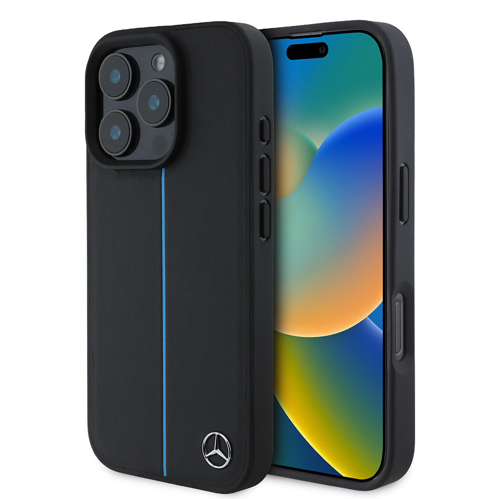Apple iPhone 16 Pro Kılıf Mercedes Benz Orjinal Lisanslı M-safe Şarj Özellikli Metal Yıldız Logolu Mavi Çizgili Deri Kapak - Görsel 2